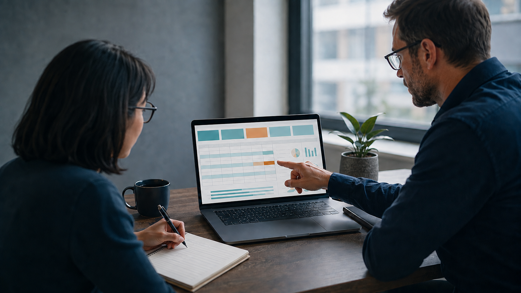 Two colleagues reviewing an operational workbook dashboard and marking a follow-up