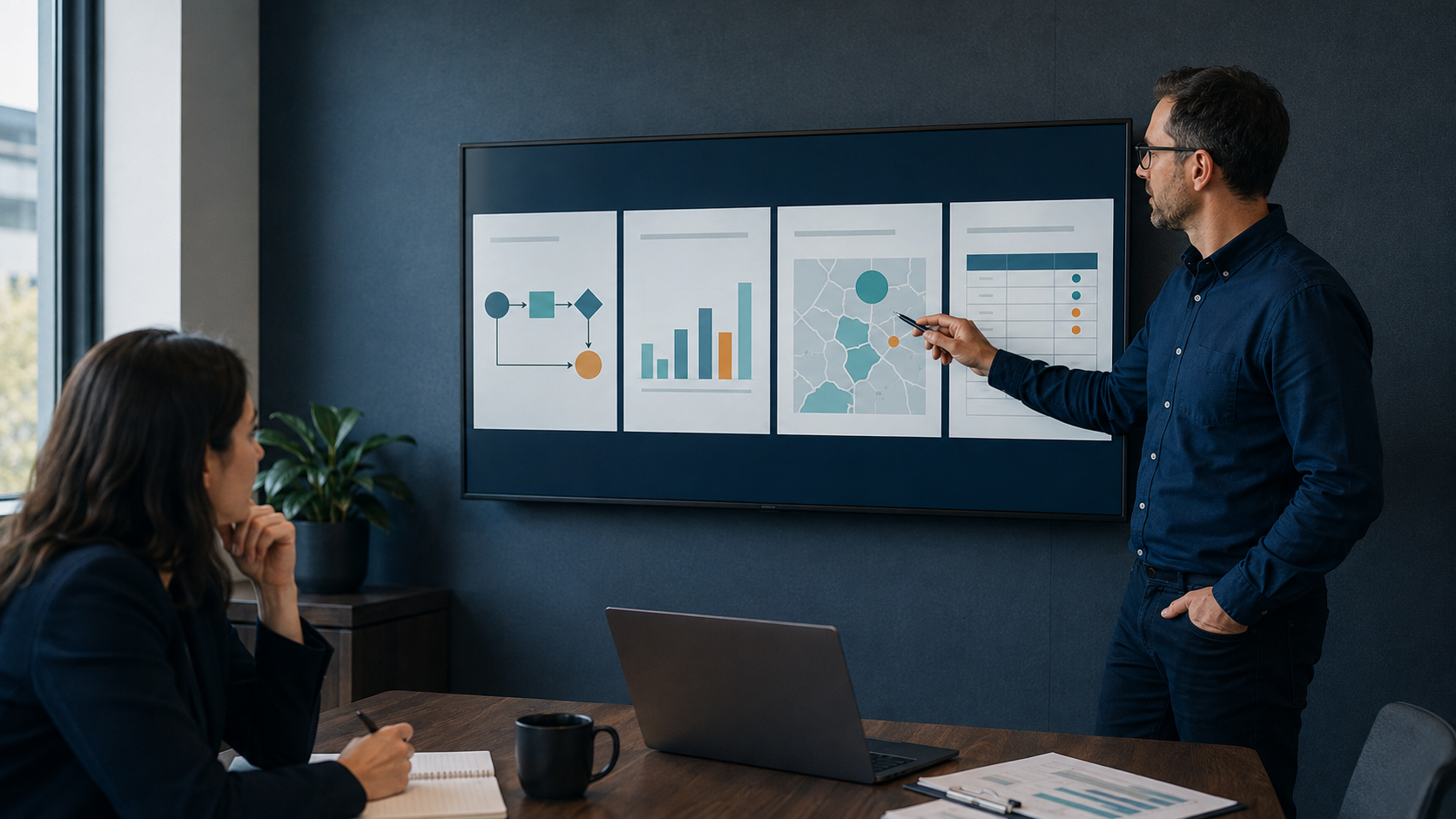 Technical presenter reviewing an editable service briefing with a colleague