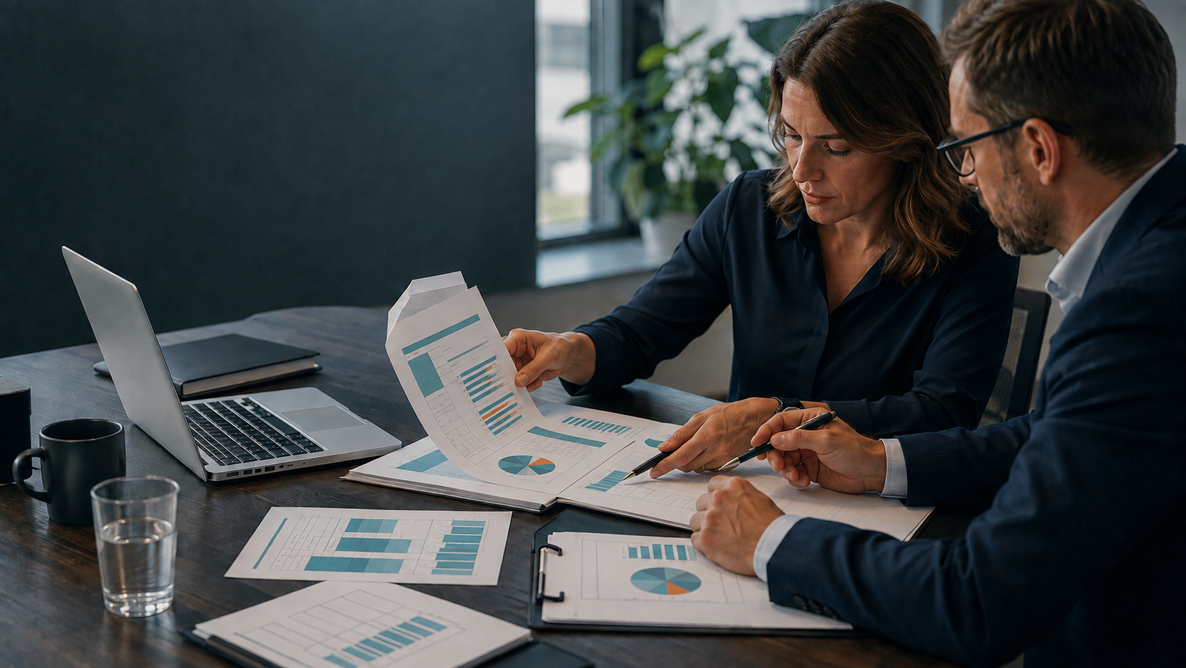 Manager and analyst reviewing an editable executive report with charts and action tables