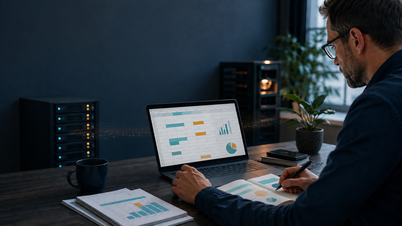 Analyst reviewing a workbook while data moves between two database systems