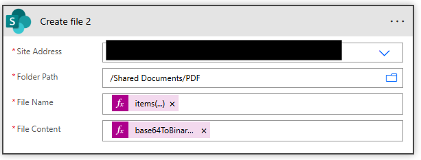 Use 'Create file" to save file in SharePoint with correct name from apply to each and file content from formula base64ToBinary