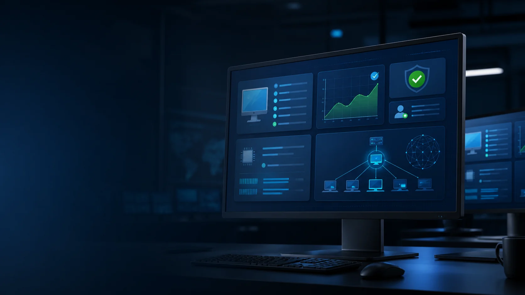 A support-ready desktop monitor showing machine information, health charts, and device topology