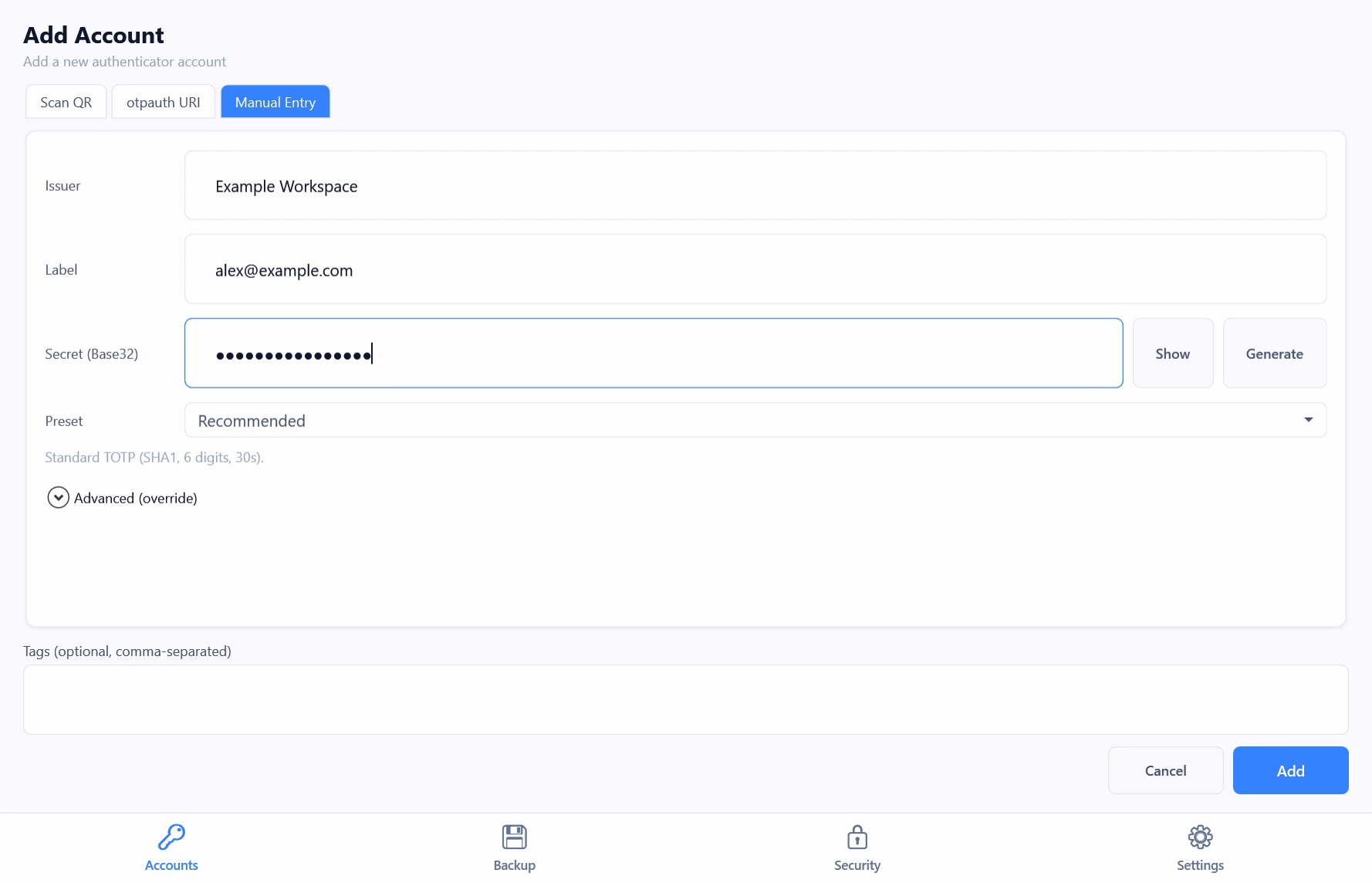 AuthIMO manual account setup with fictional details