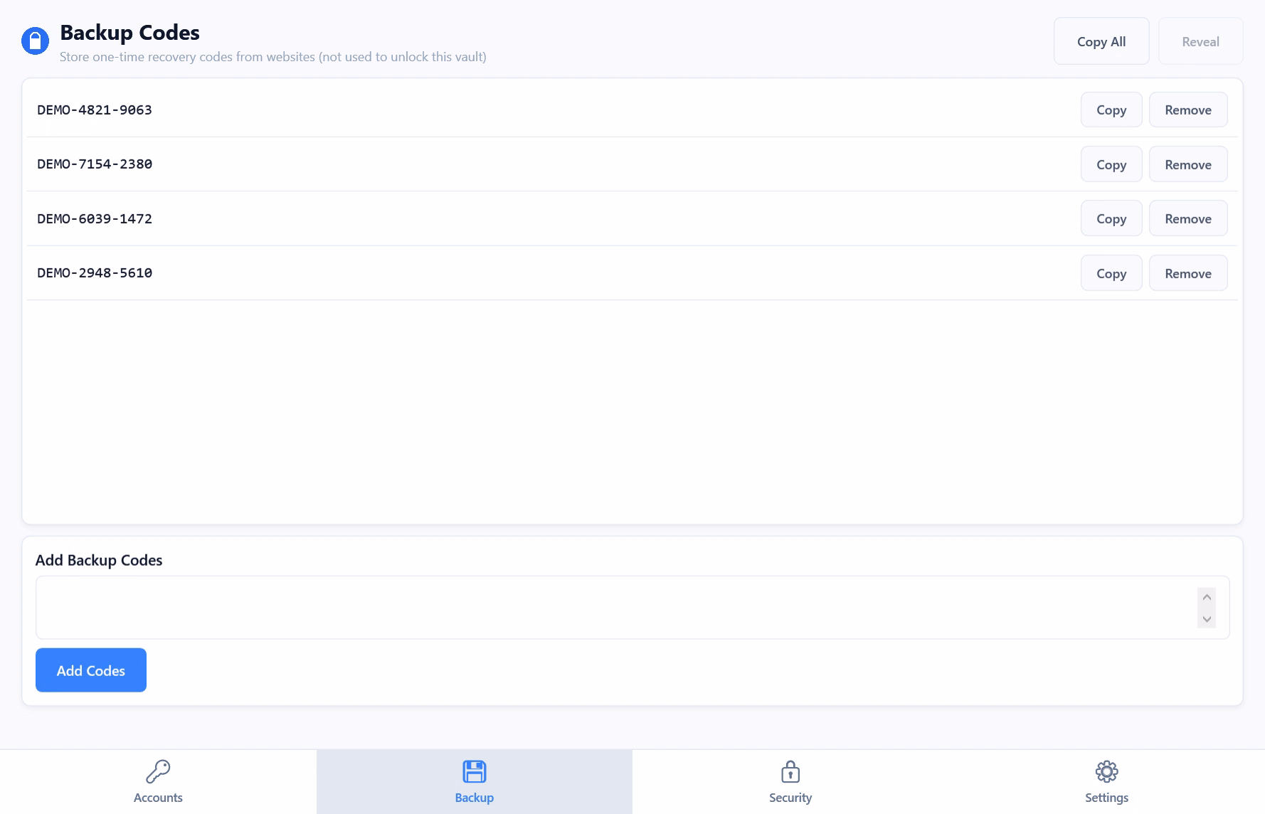 AuthIMO recovery codes stored in the sample vault