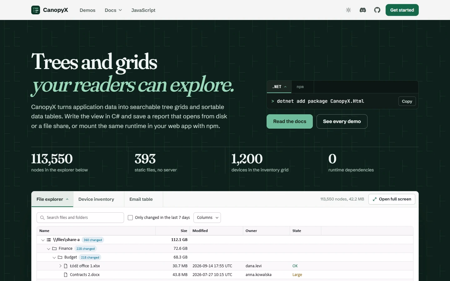 CanopyX product website showing a file explorer tree grid and package setup