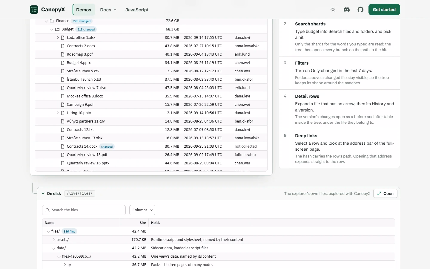 CanopyX demo showing a device inventory report and the files bundled for offline use