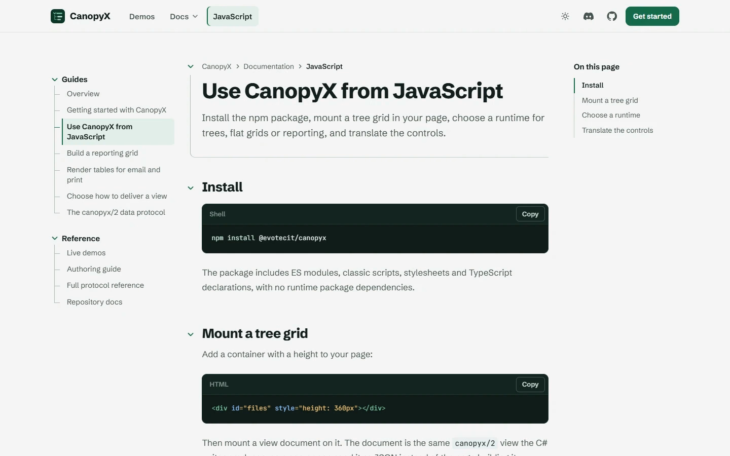 CanopyX JavaScript guide showing how to mount a tree grid in a web page