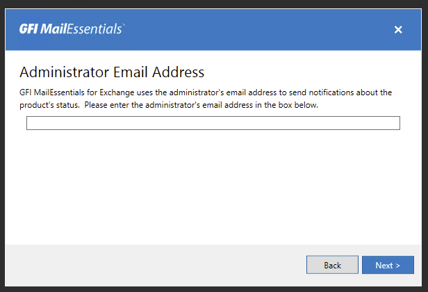 Ekran instalacji GFI MailEssentials z polem adresu email administratora
