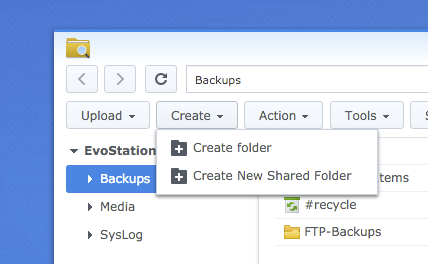 Menu Create w Synology File Station z wybrana opcja New Shared Folder