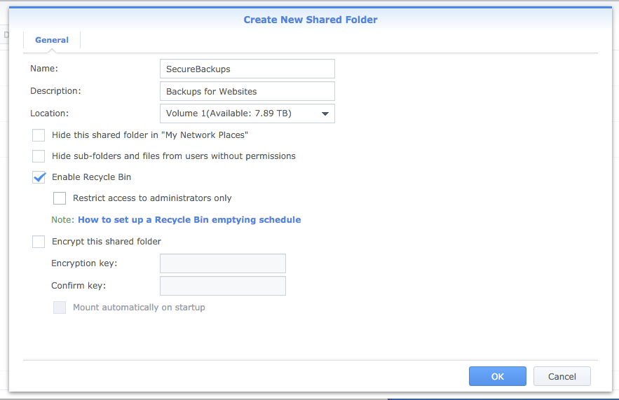 Okno New Shared Folder dla katalogu SecureBackups z wlaczonym Recycle Bin