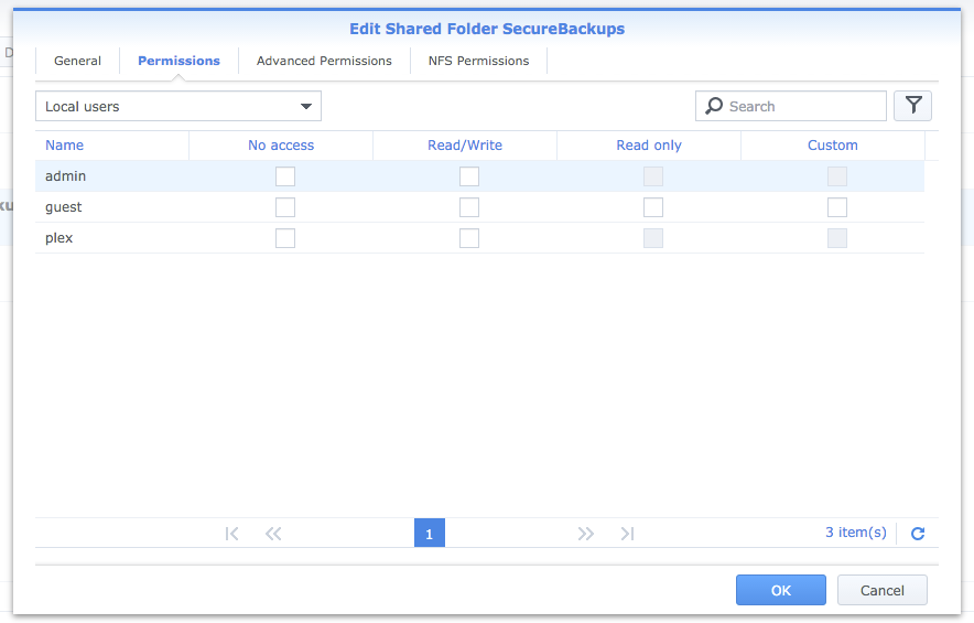 Kreator uprawnien dla folderu wspoldzielonego Synology pokazujacy dostepnych uzytkownikow