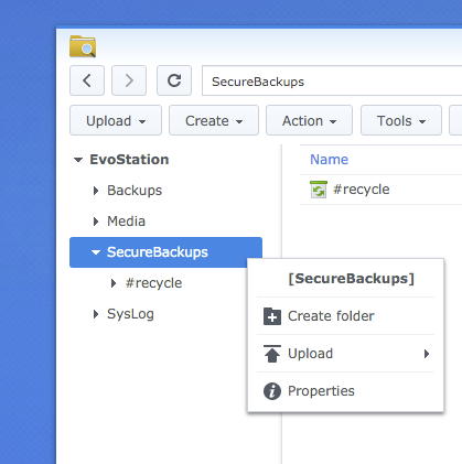 Menu kontekstowe folderu SecureBackups z zaznaczona opcja Properties