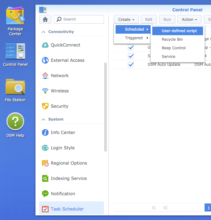 Okno Task Scheduler w Synology DSM