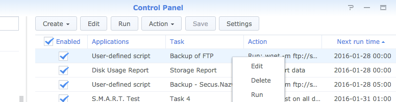Zapisane zadanie kopii zapasowej Synology gotowe do recznego uruchomienia