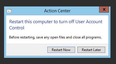 Komunikat o wymaganym restarcie po zmianie ustawien UAC w rejestrze