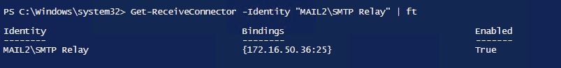 Exchange PowerShell output showing the MAIL2 SMTP Relay receive connector