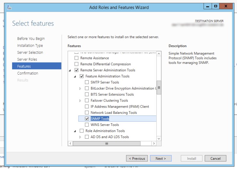 Kreator Add Roles and Features z zaznaczoną opcją SNMP Tools