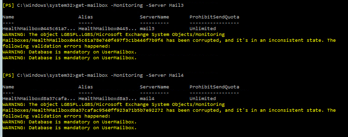 Ostrzezenie PowerShell pokazujace uszkodzone skrzynki Health Mailbox na Mail3 i Mail4