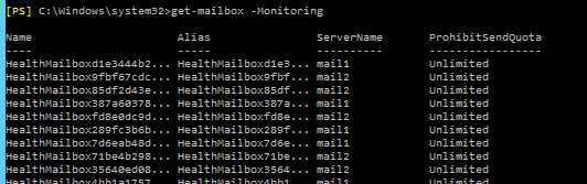 Wynik Exchange Management Shell z lista poprawnych skrzynek monitorujacych na serwerach
