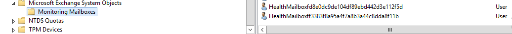 Widok Active Directory folderu Monitoring Mailboxes w Microsoft Exchange System Objects