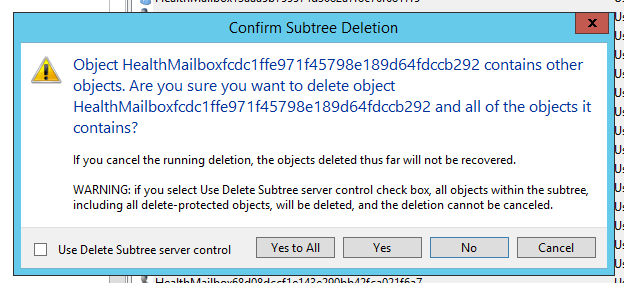 Lista skrzynek Health Mailbox zaznaczonych do usuniecia w Active Directory