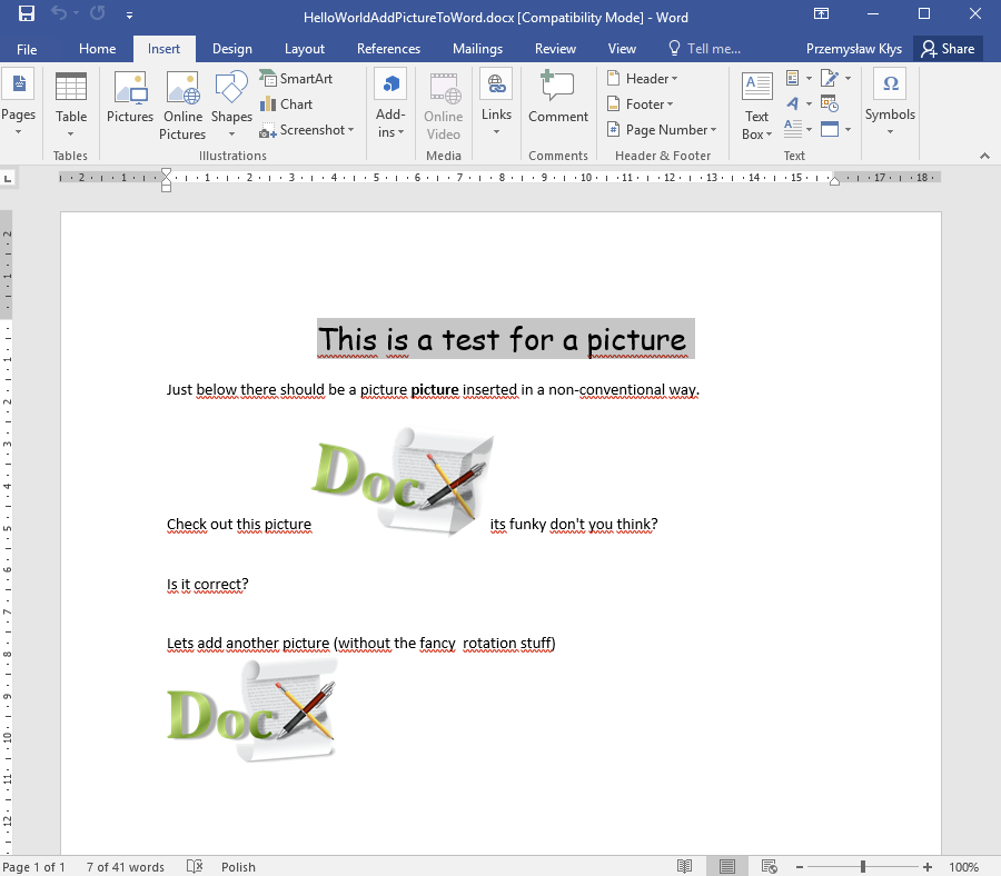 Dokument Microsoft Word pokazujacy wstawiony obraz wygenerowany przez przyklad DocX