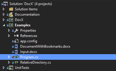 DocX example source showing RelativeDirectory.cs reference