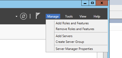 Menu Manage w Server Manager z opcją Add Roles and Features