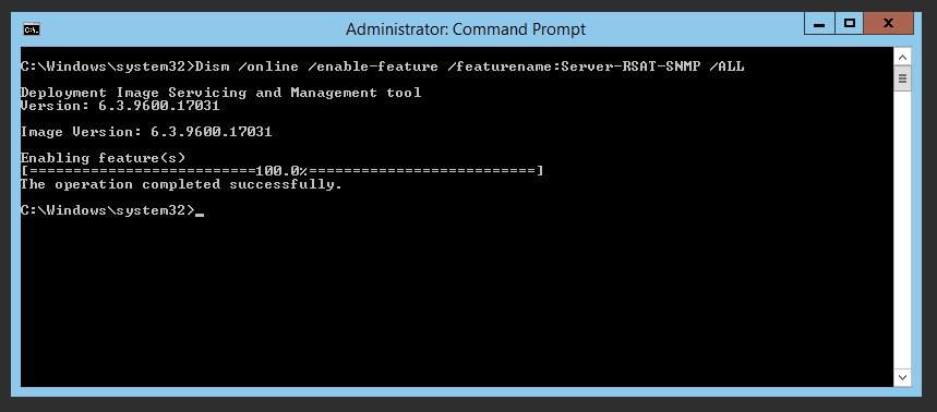 Administrator Command Prompt pokazujący DISM włączający funkcję SNMP
