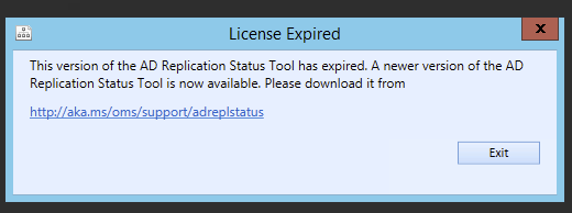 Ostrzezenie o licencji czasowej w Active Directory Replication Status Tool wymagajace ponownego pobrania