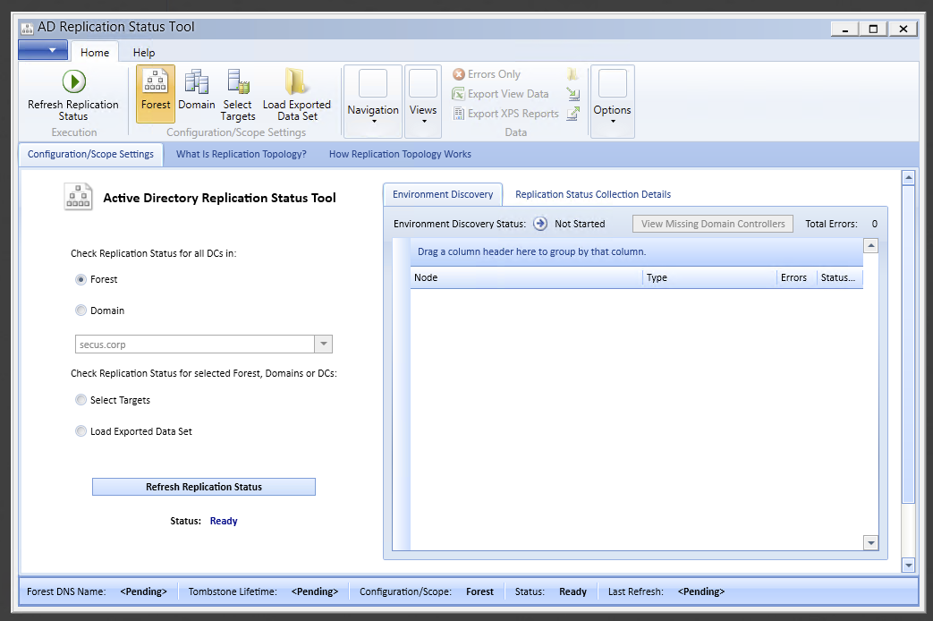 Ekran startowy narzedzia AD Replication Status Tool z wyborami lasu i domeny.