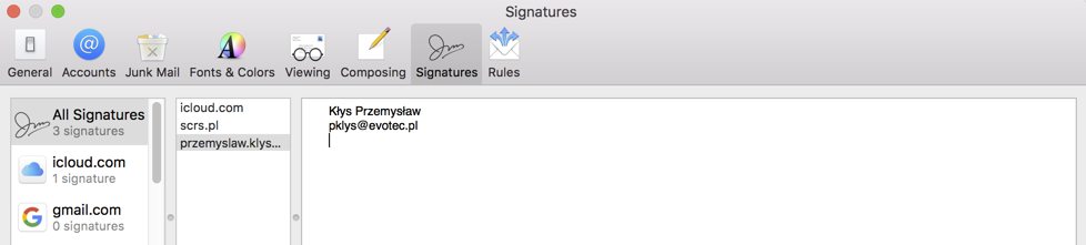 Nowy tymczasowy podpis w Mail utworzony przed podmianą na podpis HTML