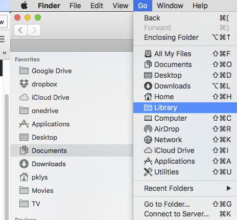 Menu Idź w Finderze pokazujące folder Library po wciśnięciu klawisza Option