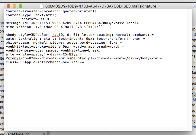 Widok pliku podpisu Mail w TextEdit z metadanymi i treścią podpisu