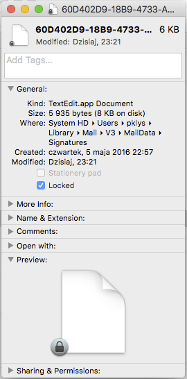 Panel informacji pliku podpisu Mail z zaznaczonym polem Locked