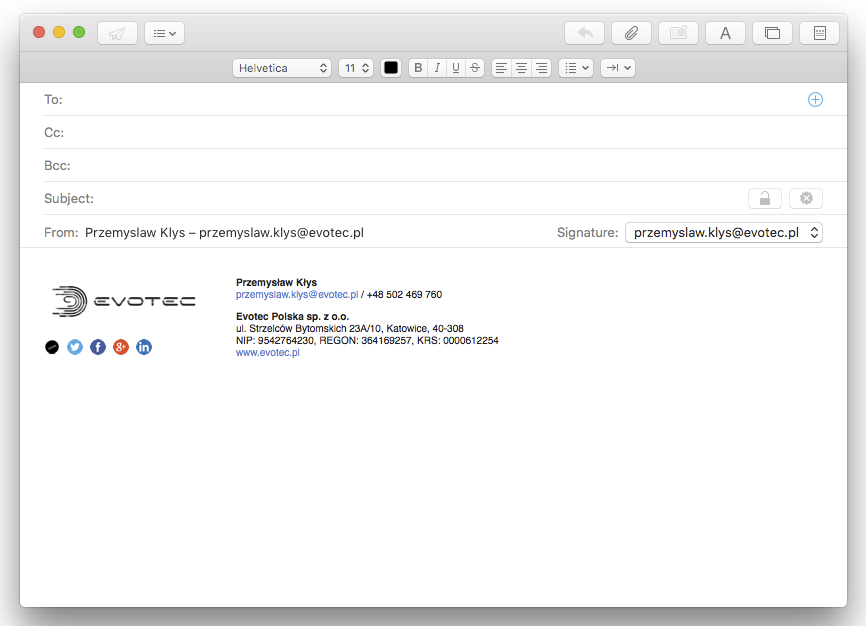 Aplikacja Mail pokazująca zaimportowany podpis HTML na liście podpisów
