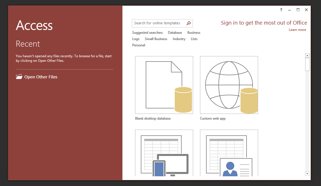 Ekran startowy Microsoft Access 2016