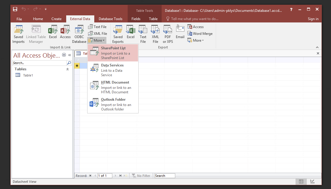 Karta Dane zewnetrzne w Access 2016 z opcja Lista programu SharePoint
