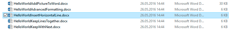 Generated HelloWorldInsertHorizontalLine.docx file