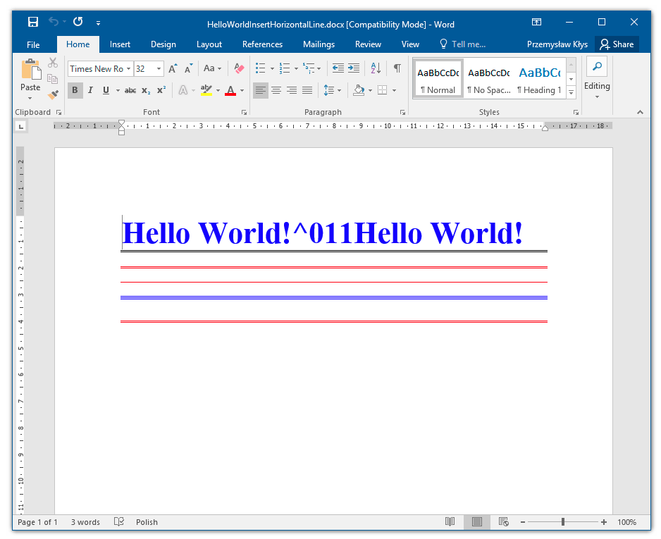 Microsoft Word document with inserted horizontal lines