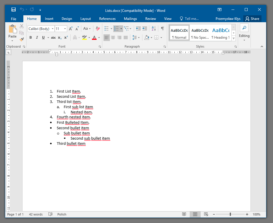 Dokument Lists.docx w Microsoft Word pokazujący zagnieżdżone listy numerowane i punktowane utworzone programowo.