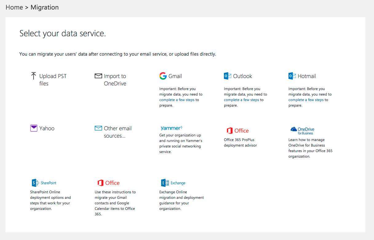 Ekran opcji migracji Office 365 pokazujący nieudana probe przeniesienia skrzynki