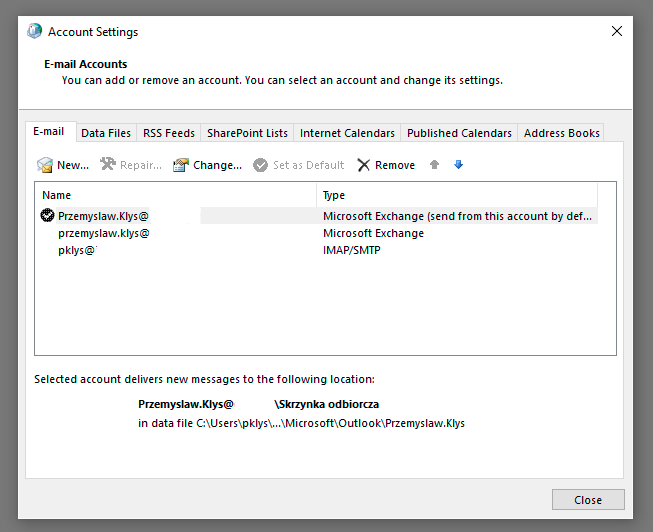 Okno zmiany ustawien konta Exchange dla skrzynki Office 365 w Outlooku