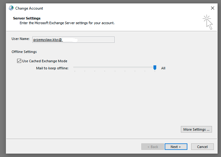 Ustawienia trybu buforowanego Exchange w Outlooku z opcja Mail to keep offline ustawiona na All