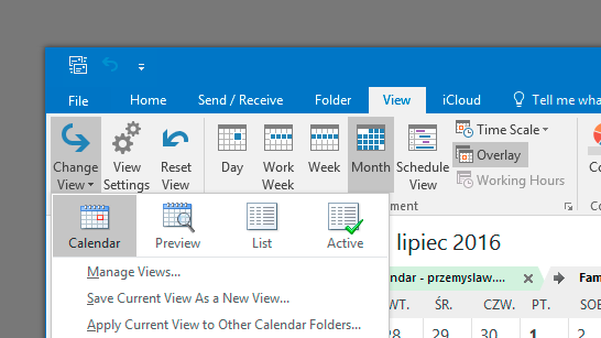 Menu Change View w Outlooku z wybrana opcja List