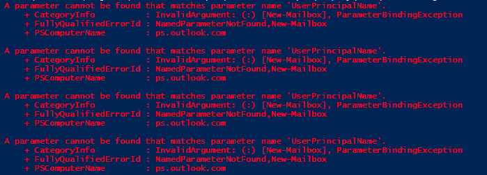 Blad PowerShell z New-Mailbox pokazujacy, ze parametr UserPrincipalName nie jest rozpoznawany w tym poleceniu Office 365.