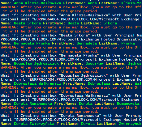 Poprawny wynik New-Mailbox w trybie what-if po zamianie UserPrincipalName na MicrosoftOnlineServicesID.