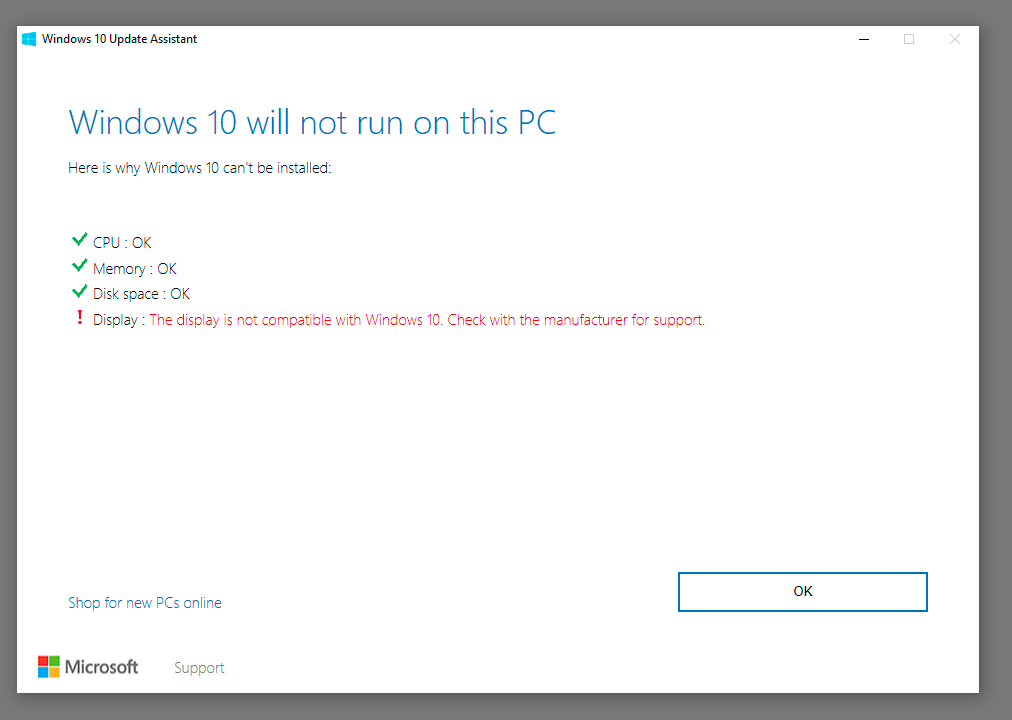 Blad Windows 10 Update Assistant informujacy o niekompatybilnym ekranie