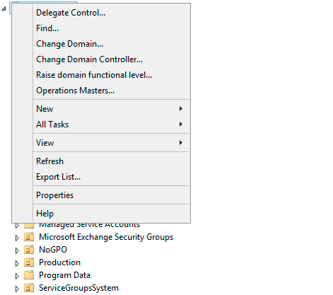 Opcja Delegate Control wybrana z menu kontekstowego Active Directory