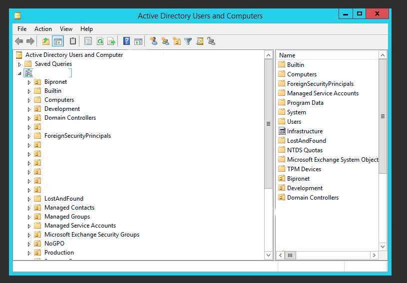 Konsola Active Directory Users and Computers z zaznaczonym drzewem domeny